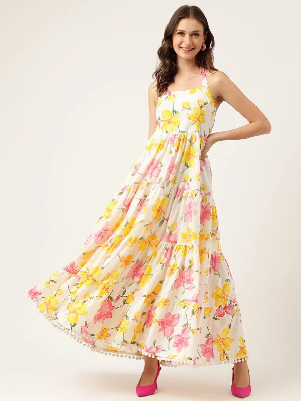 Floral Printed Halter Neck Cotton Casual Maxi Dress Tunics Chinos classic