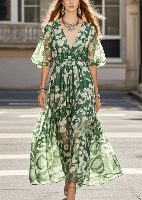 French Tea Green V Neck Print Chiffon Party Dress Summer Square Neckline Feminine