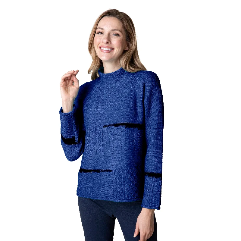 Habitat "Harvest Tweed" Mixed Cable Stitch Pullover in Sapphire - 89101 Cowl Neck Pullover