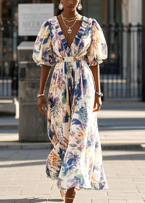 Handmade Puff Sleeve Print Chiffon Cinched Sundress Tunics Print Colorful