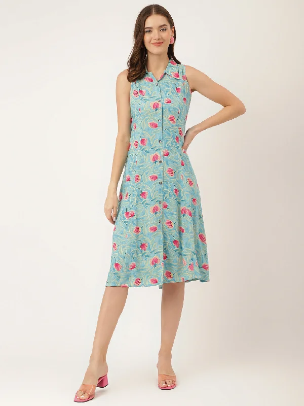 Jashvi Blue Floral Print Rayon A-Line Midi Dress with Attached Sleeves for Women Tunics Mesh breathable