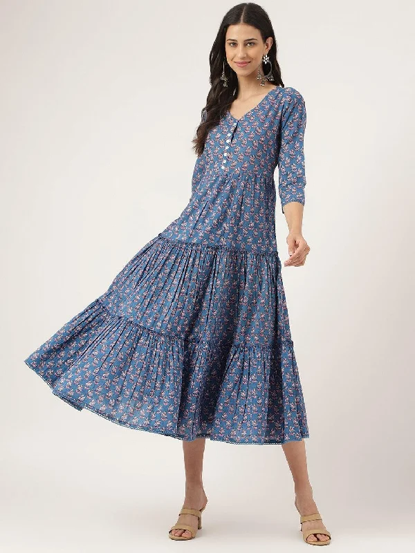 Jashvi Blue Floral Printed Long dress Turtleneck Neckline Stylish