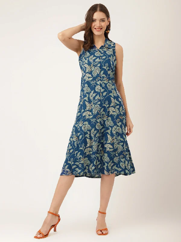 Jashvi Blue Floral Printed Rayon A-Line Midi Dress with Attached Sleeves for Women Elegant Long Evening