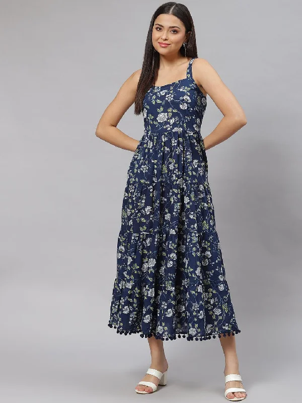 Jashvi Blue Floral Shoulder Strip Long Dress Casual Short Summer