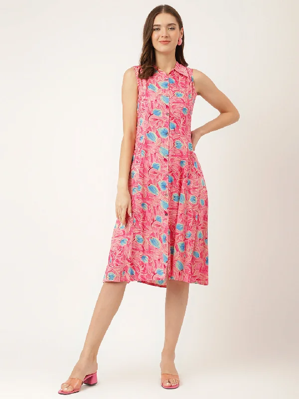 Jashvi Pink Floral Print Rayon A-Line Midi Dress with Attached Sleeves for Women Tunics Stylish elegant