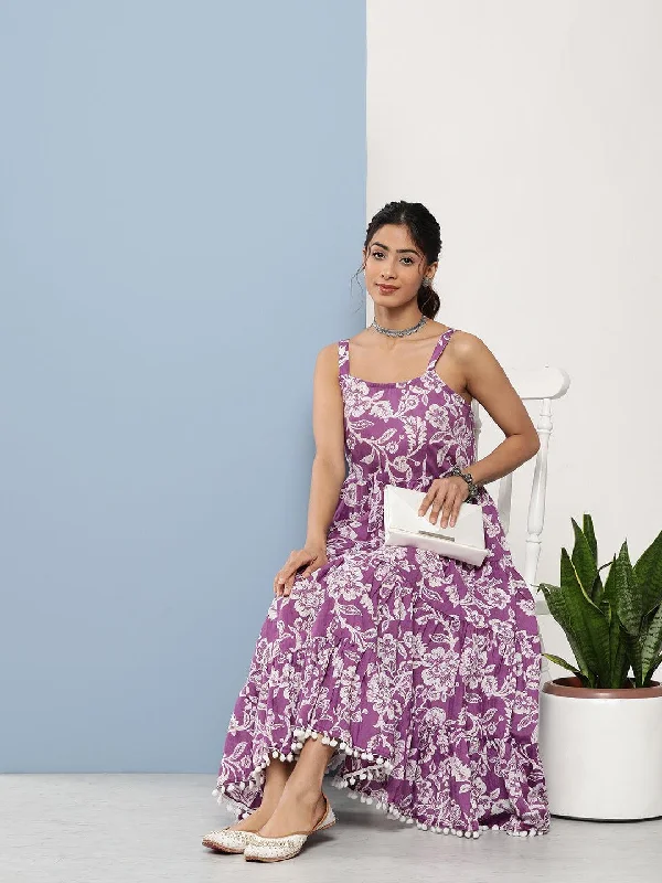 Jashvi Purple Floral Shoulder Strip Long Dress Off-the-shoulder Chic Trendy