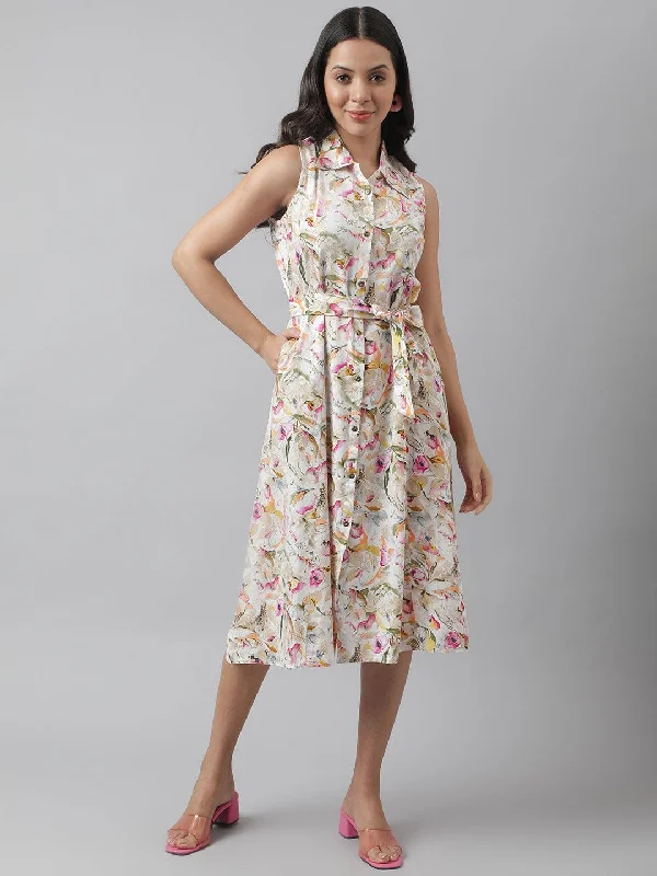 Jashvi Rayon Cream A-Line Floral Printed Midi Dress Tunics Modern contemporary