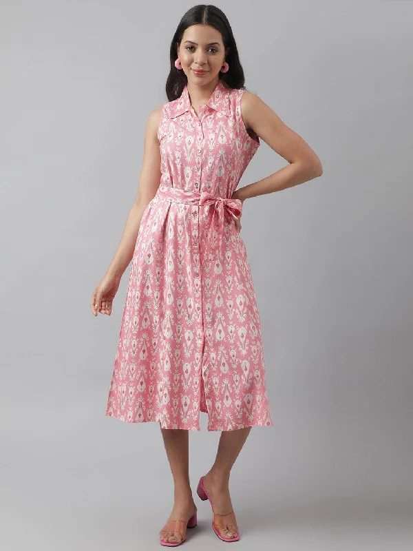 Jashvi Rayon Light Pink A-Line Floral Printed Midi Dress Tunics Stylish modern