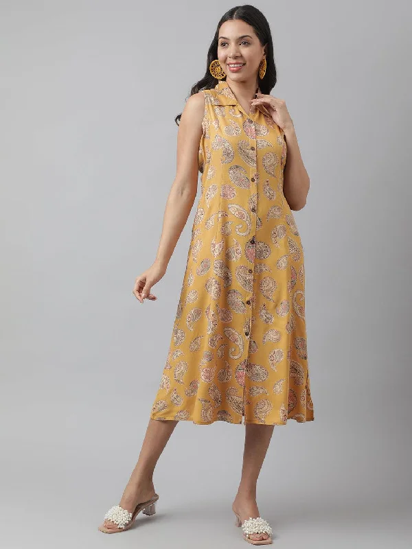 Jashvi Rayon Mustard A-Line Floral Printed Midi Dress Tunics Sophisticated sleek