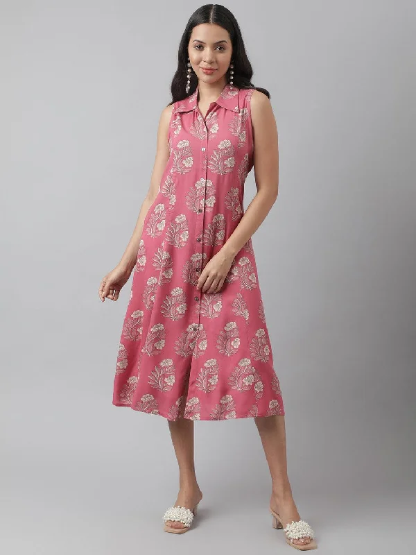 Jashvi Rayon Rose Pink A-Line Floral Printed Midi Dress Tunics Stylish elegant