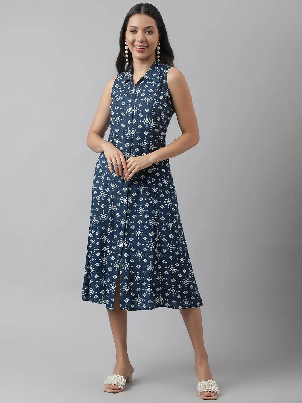 Jashvi Rayon Teal Blue A-Line Floral Printed Midi Dress Tunics Travel practical