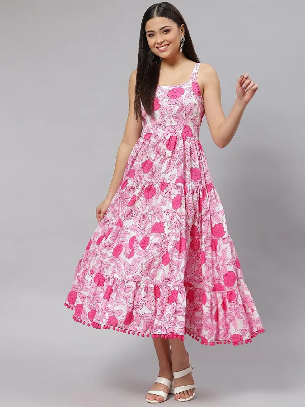 Jashvi white & Pink Floral Shoulder Strip Long Dress A-Line Day Work