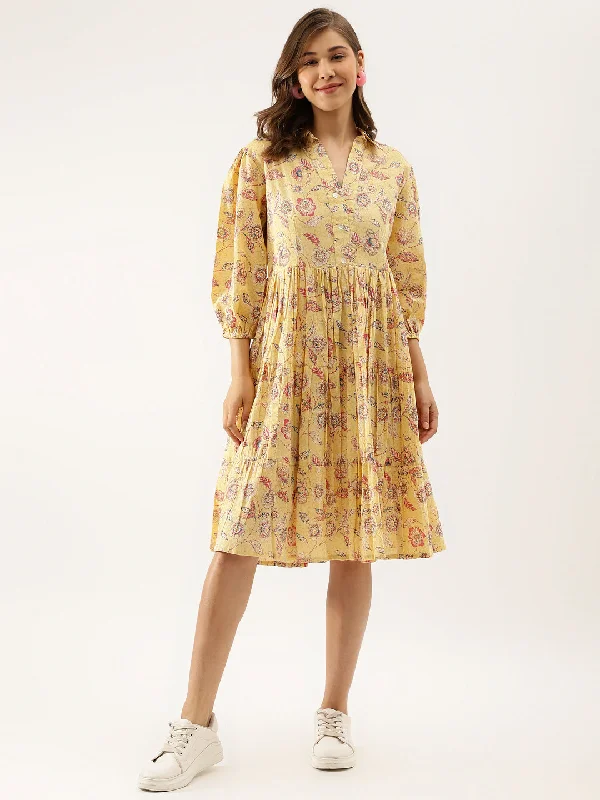 Jashvi Yellow Floral Printed Cotton Dress for Women Tunics Exclusive limited