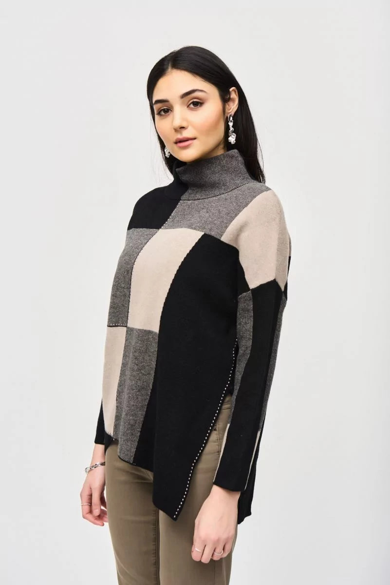 Joseph Ribkoff Taupe Mélange/Black Color-Block Jacquard Knit Pullover Style 243944 Zipper Front Cardigan