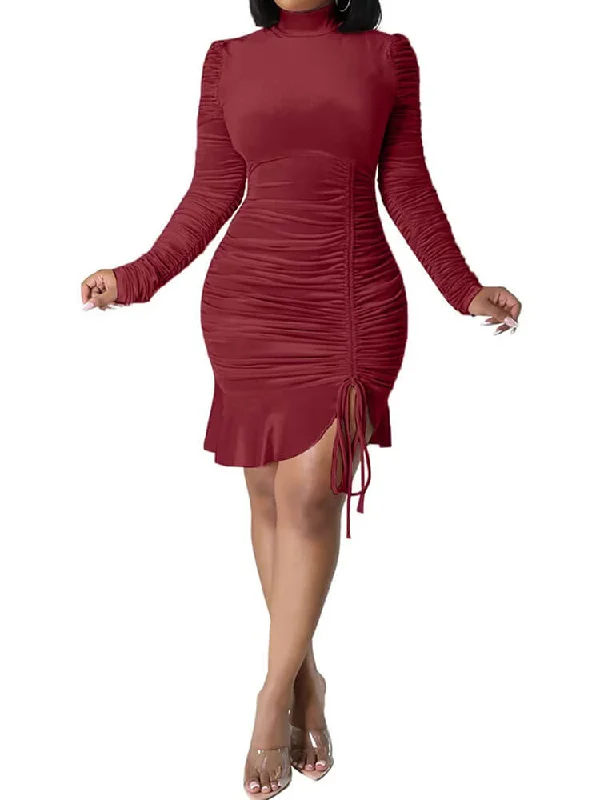 Long Sleeve Mock Neck Ruched Drawstring Mini Dresses Tunics Velvet soft