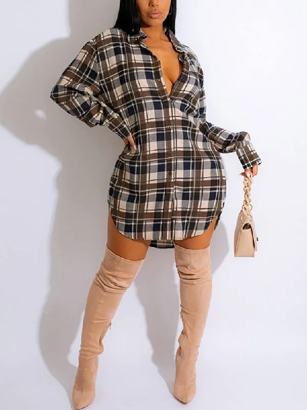 Long Sleeve Plaid Shirt Mini Dresses Tunics Silk luxurious