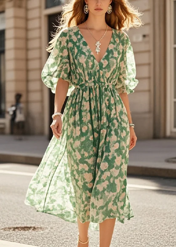 Plus Size Green Cinched Print Chiffon Robe Dresses Summer Tunic Top Casual