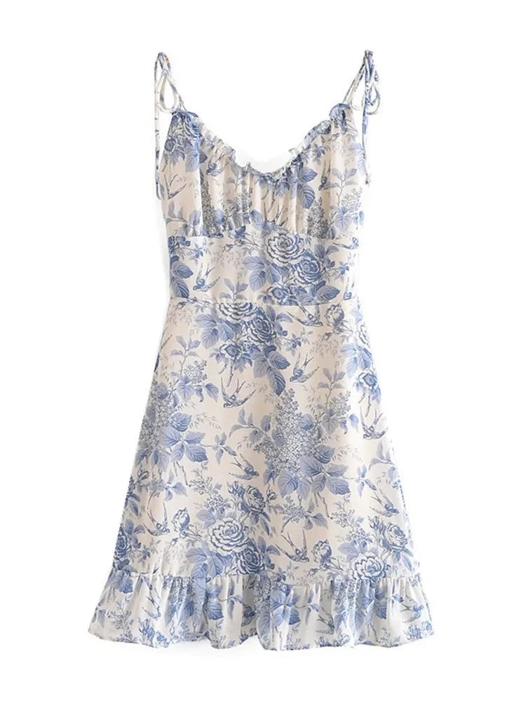 Retro French style Summer Blue White Floral Swallow Print Ruched Bandage Strap Mini Dress Sexy Ruffles Hem Lacing Up Sling Robe Boat Neckline Classic