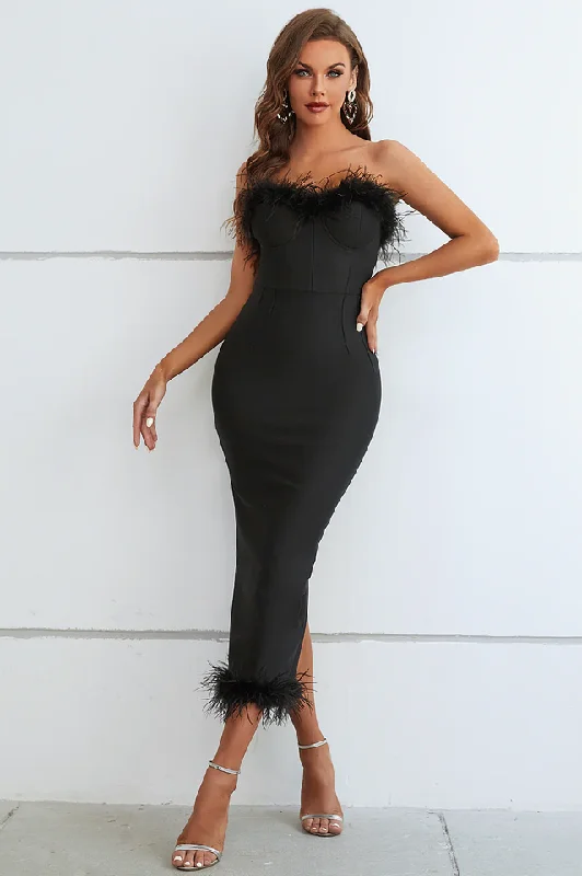 Sachi Strapless Feather Midi Evening Dress Boatneck Modish Everyday