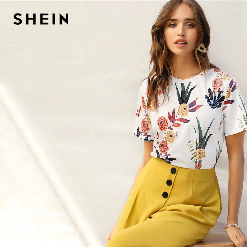 SHEIN Floral And Plants Print Womens Shirts Summer Short Sleeve Casual Basic Streetwear Pullovers White T Shirt Tops Fleece Warm Pullover