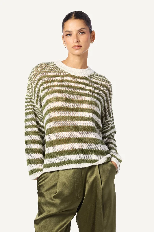 SHEYLA SLOUCHY OPEN KNIT STRIPPED CASHMERE PULLOVER CREWNECK STRIPED PULLOVER | OLIVE Cold Shoulder Design