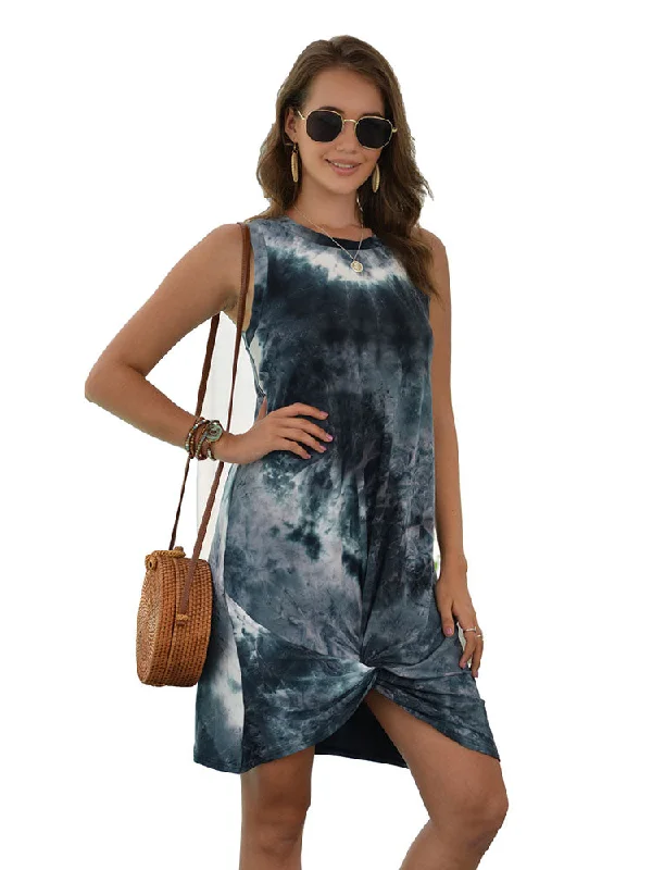 Sleeveless Tie Dye Crew Neck Ruched Mini Dresses Tunics Practical easy-care