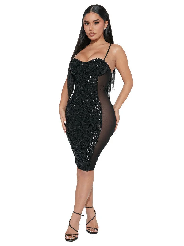 Spaghetti Strap Bodycon Sequin Glitter Mini Dresses Crew Neckline Casual