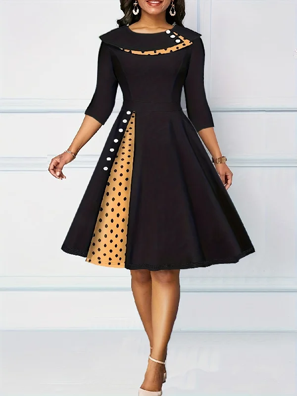 Vintage Retro Polka Dot A-line Dress - Flattering 3/4 Sleeves, Comfortable Casual Style - Feminine & Timeless Fashion for Women Tunics Top rated