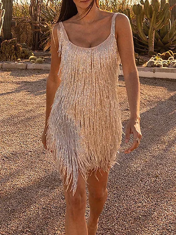 Women's Party Dress Fringe Dress Slip Dress Mini Dress Purple Gold Beige Sleeveless Pure Color Tassel Fringe Summer Spring Fall Spaghetti Strap Fashion Evening Party Vacation Fall Dress  S M L XL Elegant Long Evening