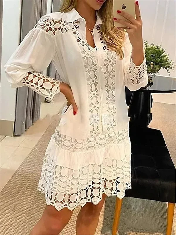 Women's Shirt Dress Casual Dress Cotton Linen Dress Mini Dress Lace Basic Classic Outdoor Daily Vacation Shirt Collar Lace Patchwork Long Sleeve Summer Spring Fall Loose Fit White Sky Blue Plain Tunics Cozy soft