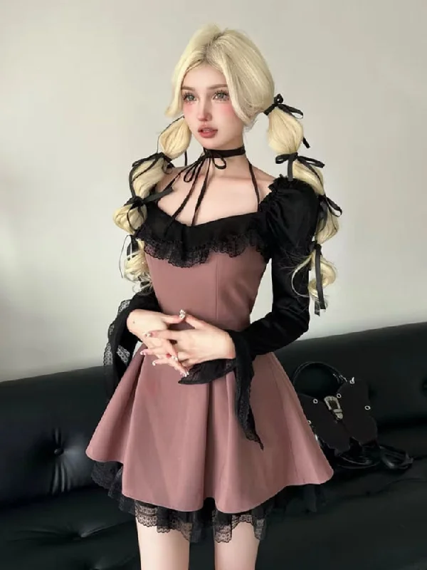 Y2k Gothic Baby Doll Lolita Dress Women Harajuku Korean Patchwork Slash Neck Long Sleeve Mini Princess Prom Dresses Tunics Stylish modern