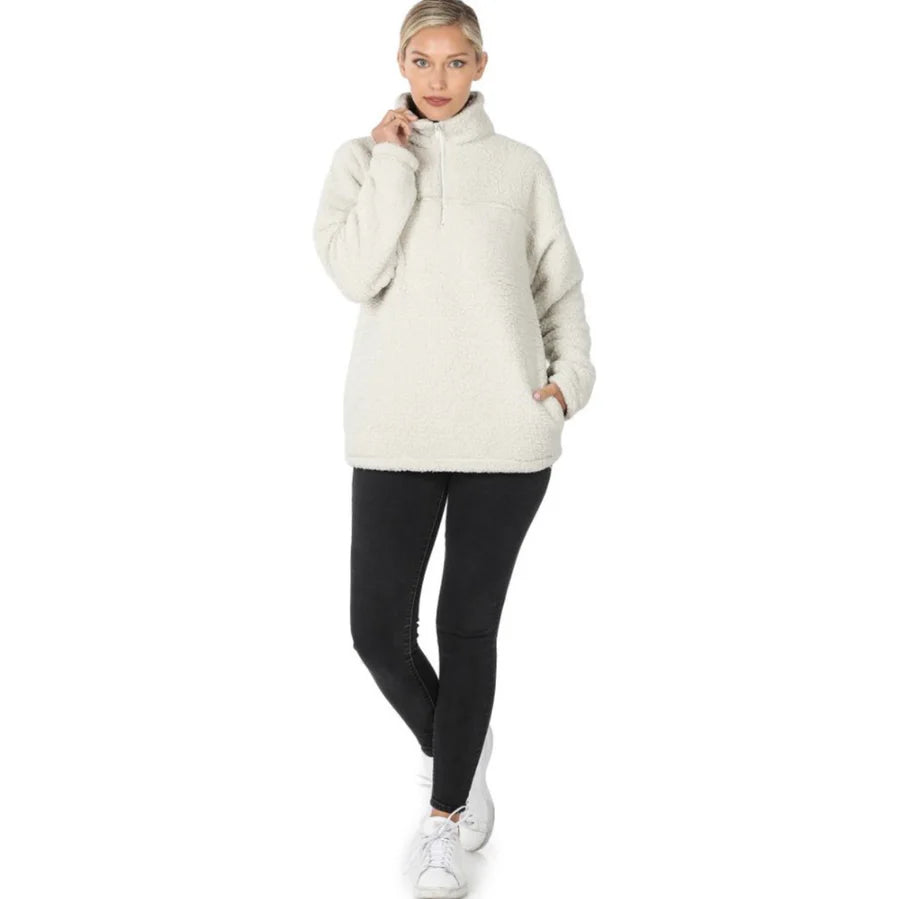 White Sherpa Fleece Pullover Long Bell Sleeve