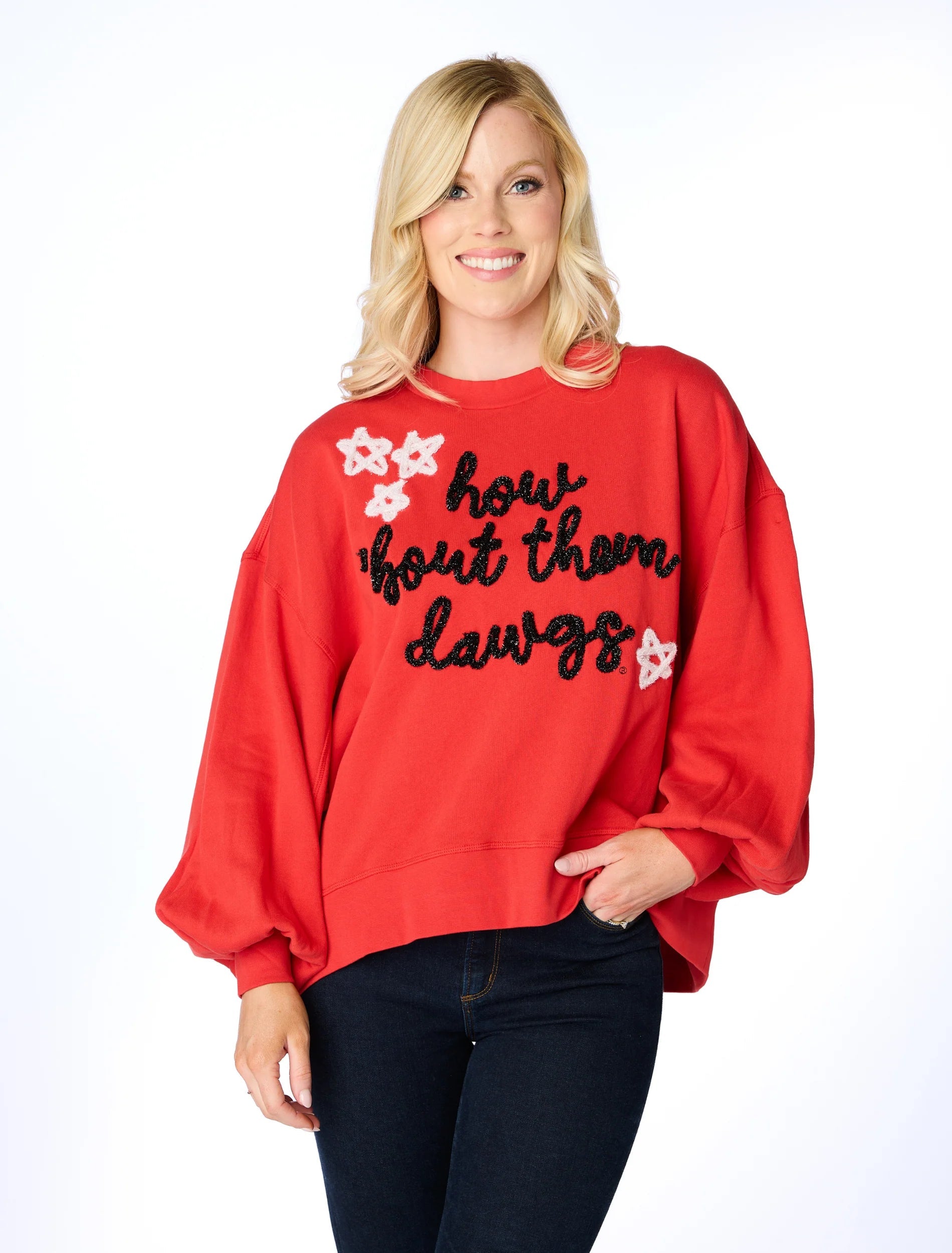 Stewart Simmons The How Bout Them Dawgs Glitter Script Balloon Pullover Sheath Sleeve Elegant