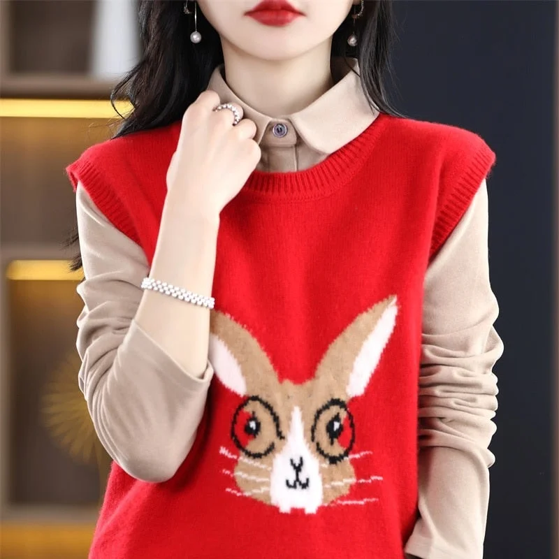 2023 Year Of The Rabbit Pullover Vest Women's Christmas New Year Red Spring Festival This Life Year Wool Vest Free Of Charge Gathered Sleeve Pullover