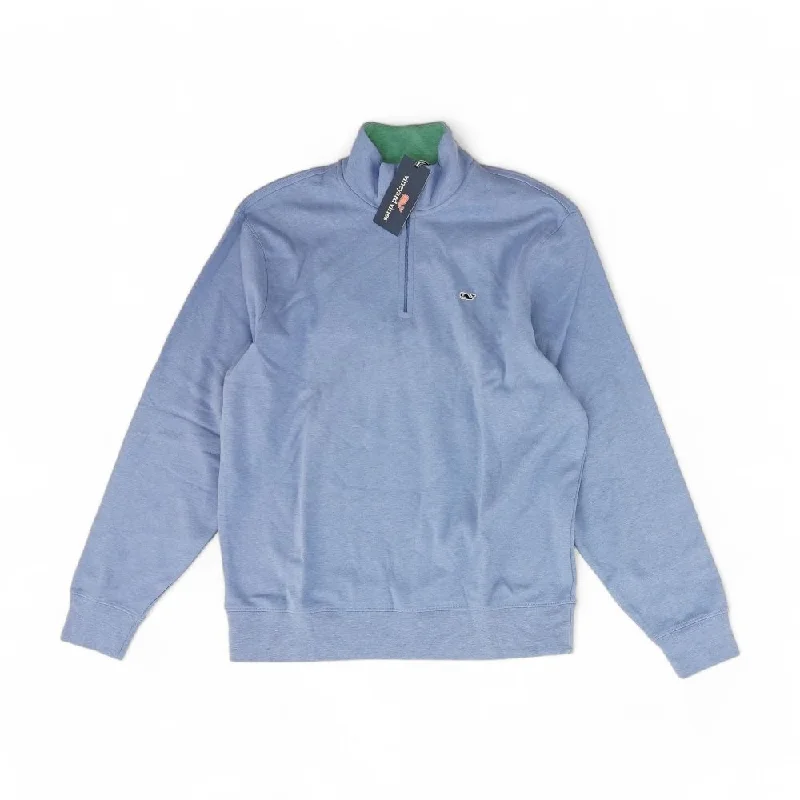 Blue Solid 1/4 Zip Pullover Bateau Neck Pullover