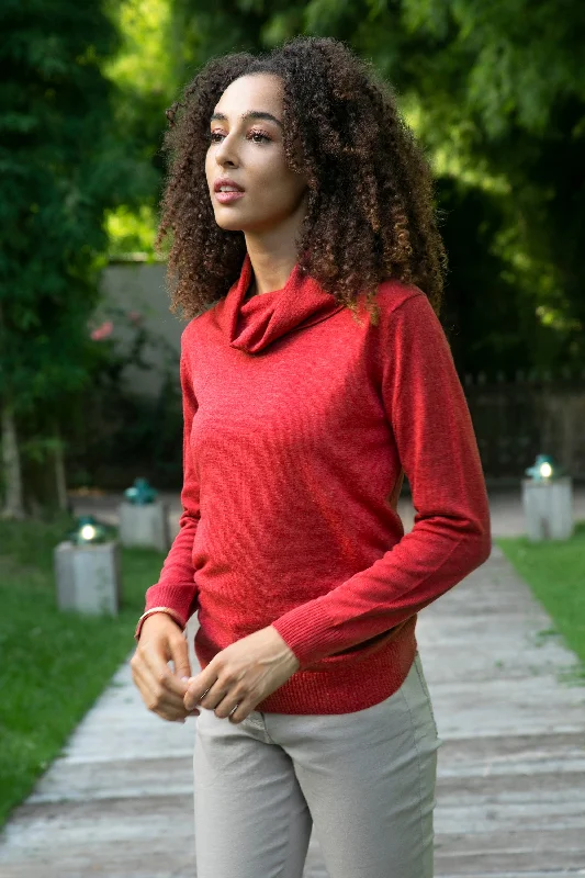 Cerise Versatility Knit Cotton Blend Pullover in Solid Cerise Red from Peru Wrist Length Sleeve