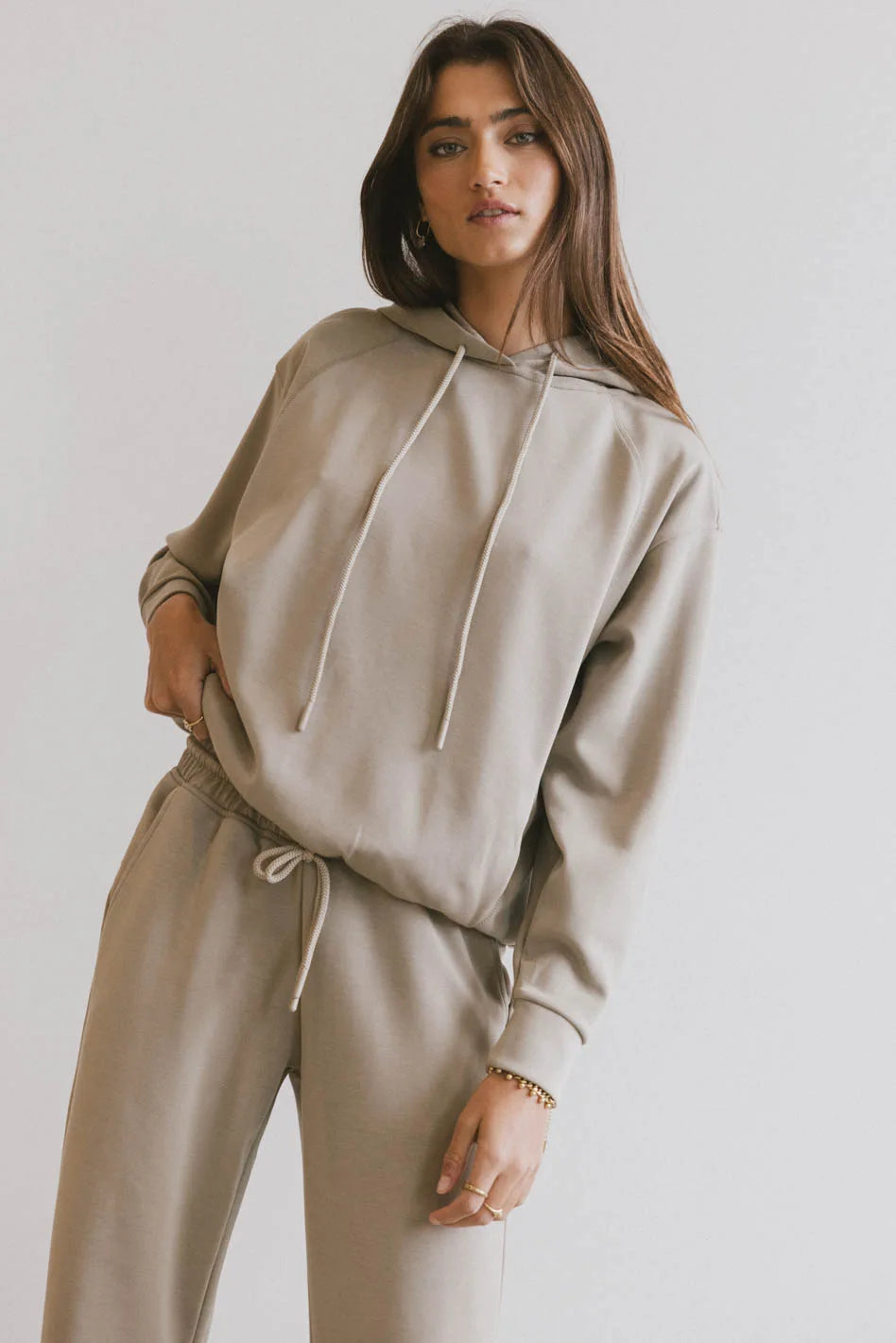 Flow State Pullover Hoodie in Taupe Seamless Knit Pullover