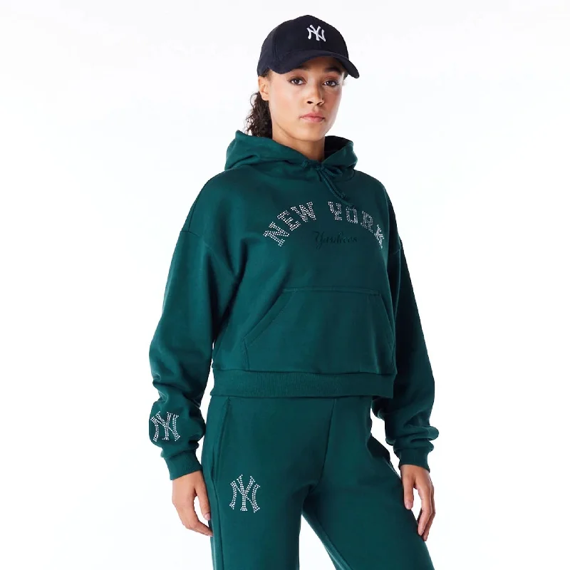 New York Yankees Womens MLB Diamante Dark Green Pullover Hoodie One Shoulder Top