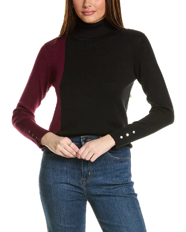 T Tahari Turtleneck Colorblocked Rib Pullover Turtleneck Warm Pullover