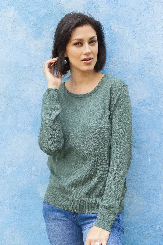 Warm Valley in Viridian Knit Cotton Blend Pullover in Viridian from Peru Long Bell Sleeve