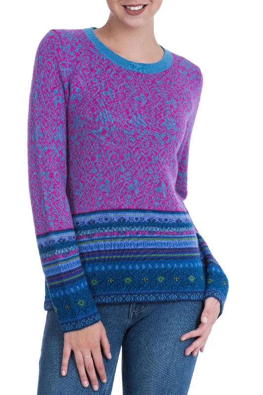 Andean Flowers 100% Alpaca Pullover in Fuchsia Floral from Peru Long Bell Sleeve