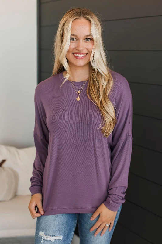 Express It All Knit Pullover Top- Purple High Neck Pullover