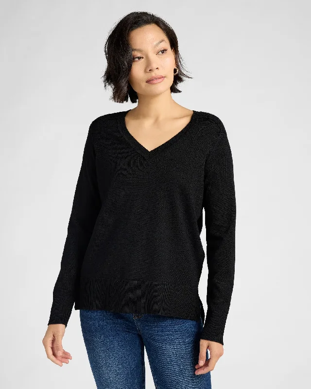 Long Sleeve V-Neck Side Vent Solid Pullover Elbow Length Sleeve