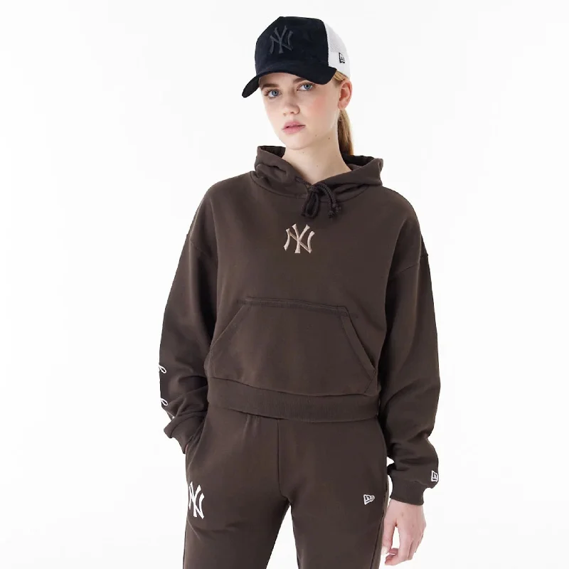 New York Yankees MLB Lifestyle Brown Womens Crop Pullover Hoodie Three Quarter Sleeve