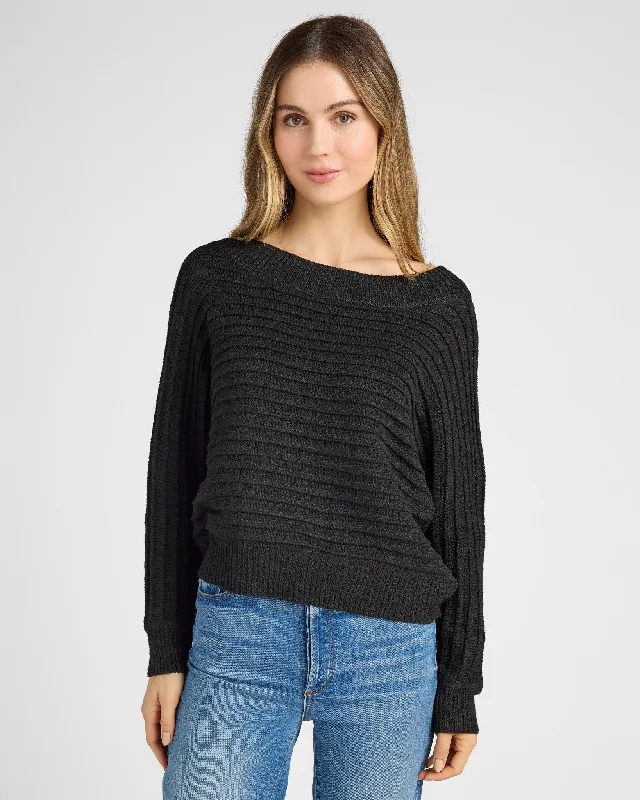 Ribbed Off Shoulder Dolman Pullover Polo Neck Sweater