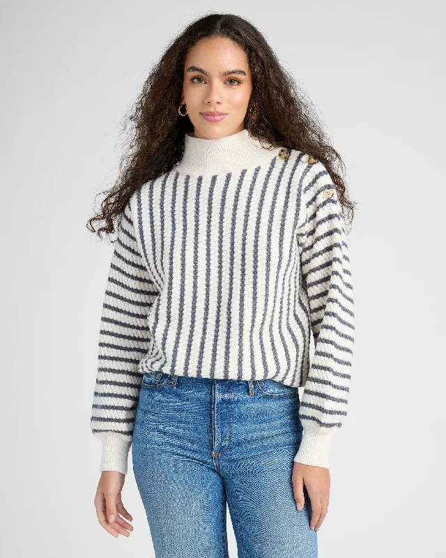 Striped Button Up Turtleneck Pullover Puff Sleeve Stylish