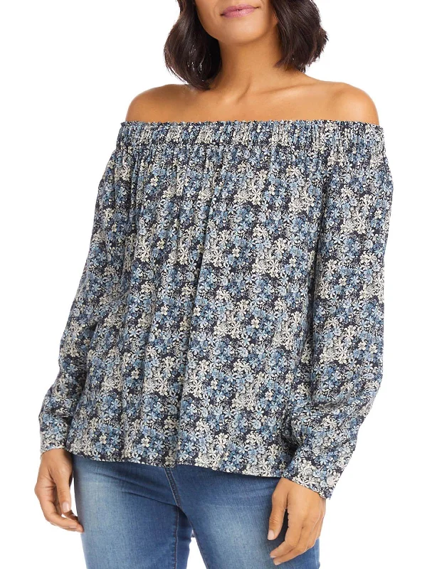 Womens Floral Off The Shoulder Pullover Top Bishop Sleeve Elegant