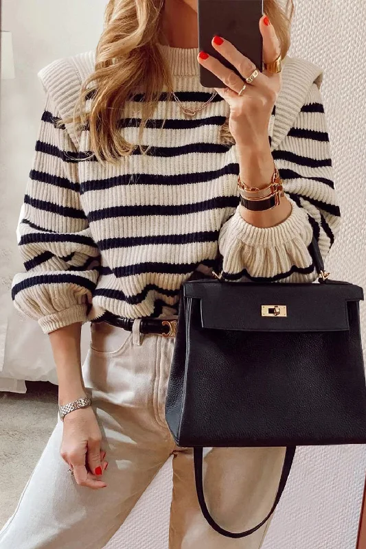 Long Lantern Sleeve Striped Ribbed Knit Pullover Top Halter Neck Top