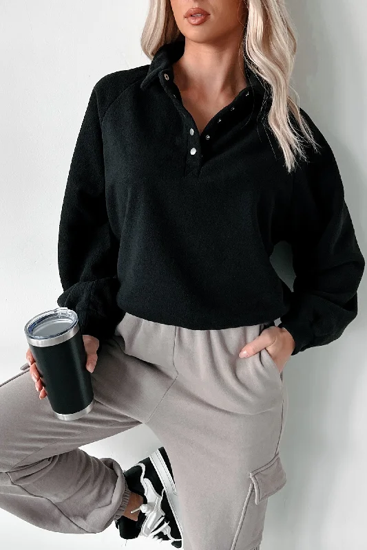 Working Remotely Fleece Pullover Top (Black) One Shoulder Top