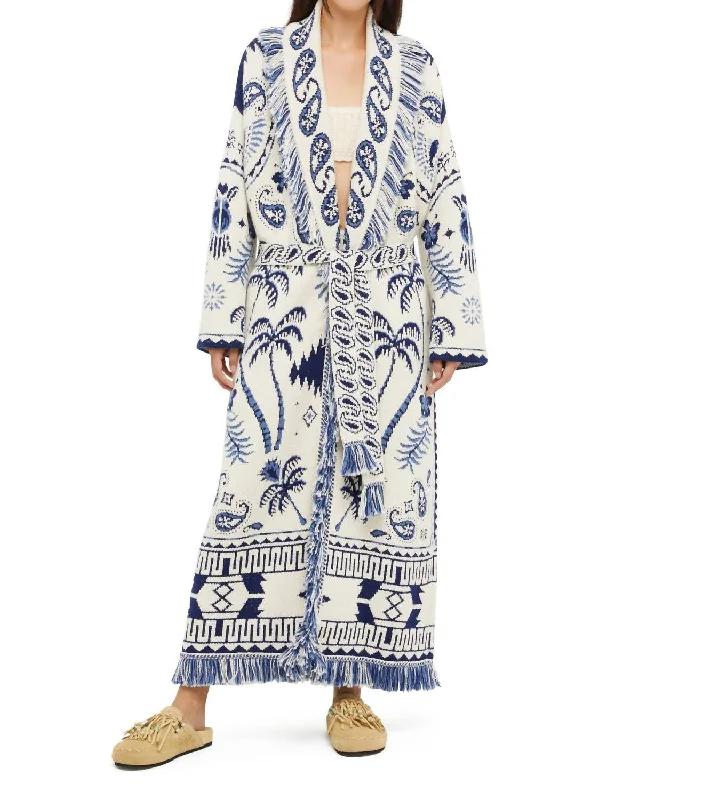 Lush Nature Foulard Coat In Deep Chalk Blue Appliqued Beaded Sequined